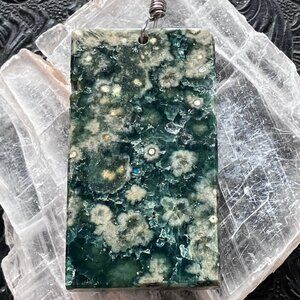 Large Rectangular Druzy Green Ocean Jasper Stone Crystal Pendant